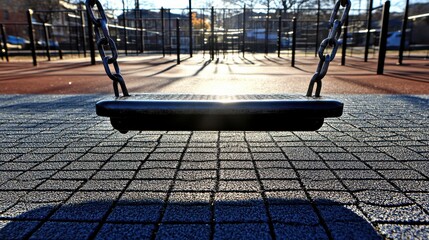 Close up of an empty swing swaying in a playground