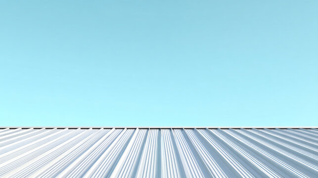 White corrugated metal roofing sheet isolated against blue background, showcasing industrial roofing material and wave pattern.