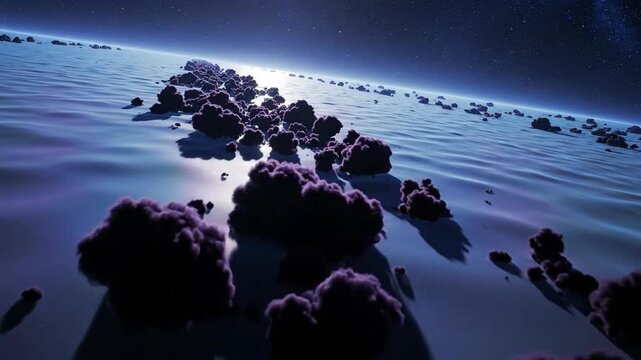 Stunning asteroid ring around planet, abstract space scene with blue light and stars.