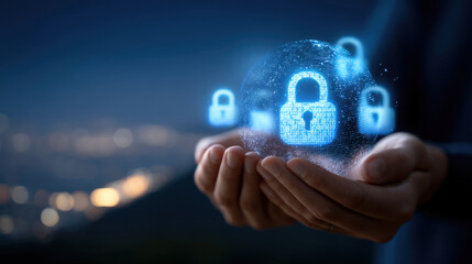 Fototapeta premium Digital security globe with glowing padlock holograms held in cupped hands conveying data protection and trust