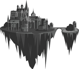 Obraz premium Fantasy floating island castle illustration, medieval architecture, grayscale artwork, magical landscape, surreal environment, imaginative design, fantasy bridge connection, mystical tower