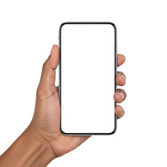 A hand holding a smartphone with a blank screen against a white background. isolated on transparent background