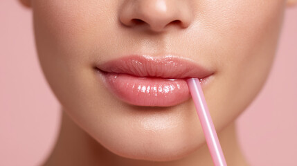 Naklejka premium Close-up of glossy lips with straw on pink background for beauty concepts
