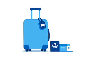 A blue suitcase with a luggage tag stands next to a passport and a boarding pass in this flat vector illustration. The travel graphic uses various shades of blue on a dark background. © Andrei