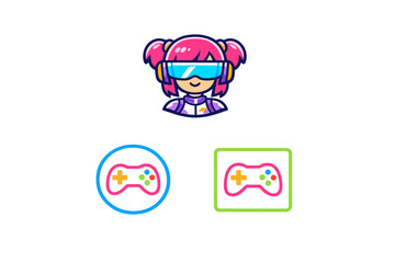 Fototapeta premium A vector illustration of a girl with pink hair wearing a virtual reality headset and a futuristic suit, accompanied by two game controller icons in circular and rectangular frames.