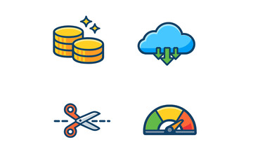 A set of four colorful icons on a black background featuring stacks of gold coins, a blue cloud with download arrows, a pair of scissors cutting a line, and a colorful gauge meter.
