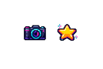 A pixel art illustration featuring a dark blue camera with cyan and magenta accents next to a glowing yellow star with colorful sparkles, all set against a solid black background.