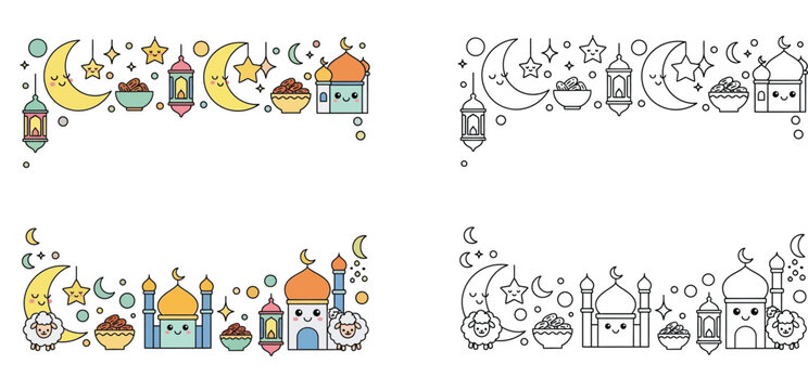 Cute Islamic holiday border set with Ramadan and Eid elements including kawaii mosque, lantern, moon, dates and sheep. Vector banner frame in color and outline style for coloring page.