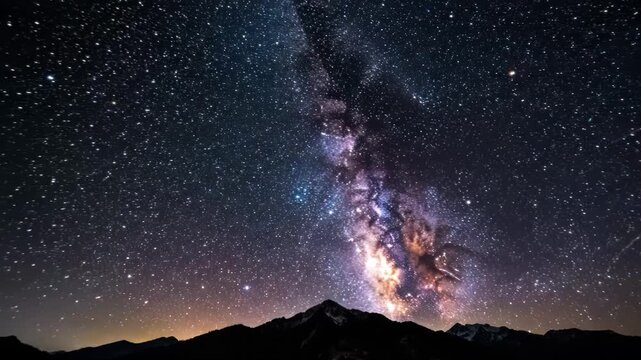 Milky way galaxy arching over dark mountain silhouettes under a starry night sky