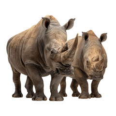 Fototapeta premium PNG of Two majestic rhinoceroses standing side by side, showcasing their powerful stature.