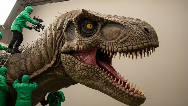 Filmmakers operating a dinosaur model on set