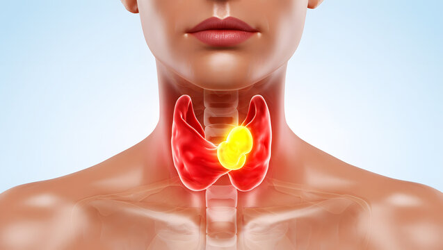 Human thyroid gland illustration with a bright yellow nodule highlighted anatomy medical