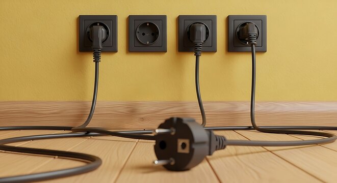 Black electrical plugs connected to wall sockets on a yellow wall and wooden floor. Concept of power supply, energy consumption, and home electricity.