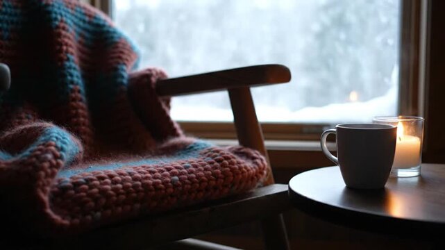 A serene and inviting indoor scene perfectly encapsulates warmth and comfort during a cold season. A soft, chunky knit blanket, patterned in peach and teal, drapes over a classic wooden rocking chair,