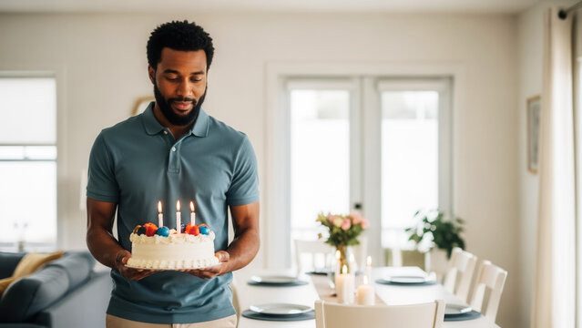 Father carrying cake to table with candles in living room-dining area, family celebration and birthday tradition