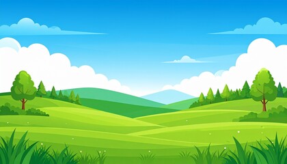 Obraz premium Lush green meadow landscape with blue sky and fluffy clouds summer nature scene