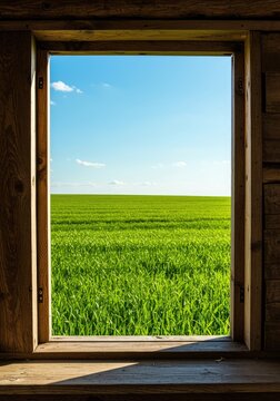 A rustic wooden window frames a vibrant green field and blue sky, emphasizing depth and perspective in natural light ,opening ,framing ,light