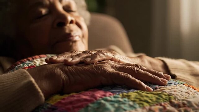 Senior African woman rests with hands folded on colorful quilt, peaceful relaxation.