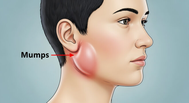 Illustration of swollen cheek with red inflammation indicating mumps infection and pain