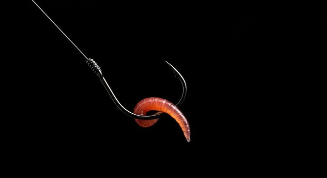 A sharp metal fishing hook baited with a juicy worm, ready to drop into the dark water, representing temptation or a trap ,success ,waiting ,fresh