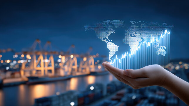 Hand holding glowing digital world map and rising bar chart over port at night showing global trade growth and economic data visualization