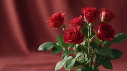 Fototapeta premium Elegant Arrangement of Crimson Roses on Luxurious Deep Red Velvet Background