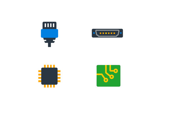 A collection of four flat icons representing electronic components including a digital connector, a serial port, an integrated circuit chip, and a green printed circuit board.