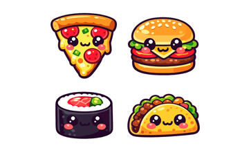 A collection of four cute cartoon food characters including a pizza slice, a hamburger, a sushi roll, and a taco, all featuring expressive kawaii faces on a black background. © Andrei