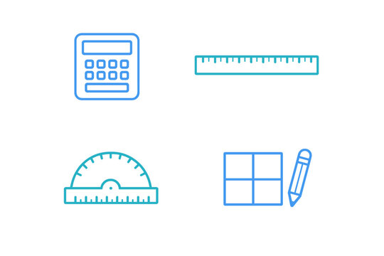 A collection of four blue and teal line icons representing mathematical and drafting tools, including a calculator, ruler, protractor, and a pencil with a grid on a black background.
