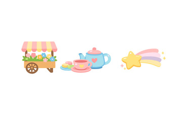 Naklejka premium A collection of cute pastel illustrations featuring a flower cart with a striped awning, a blue teapot with a pink teacup and macarons, and a yellow shooting star with a rainbow tail.