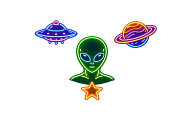 A collection of neon-style space icons including a green alien head, a blue flying saucer, a ringed planet, and a glowing star, all set against a solid black background. © Andrei