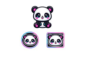 This digital illustration set features a cute kawaii panda character in three versions including a full body pose and two head icons framed in neon blue and pink borders. © Andrei
