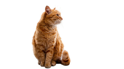 side profile studio photograph of a fluffy ginger tabby cat with bright eyes sitting on a transparent transparent background, emphasizing its warm colors and textured fur. © Jennafer