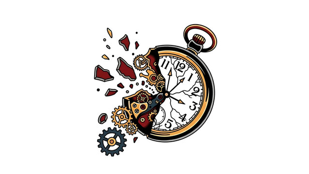 Broken pocket watch with gears and fragments isolated on a transparent background