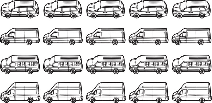 Fleet of monochromatic vans and minibuses, showcasing an array of vehicle models in a clean, detailed illustration.