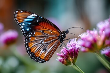 Obraz premium Butterfly with Blue and Orange Wings on Purple Flower