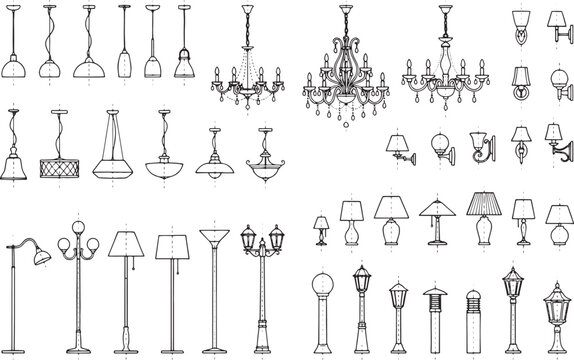 A diverse array of elegant lighting fixtures, showcasing a variety of styles, from classic chandeliers to contemporary lamps, drawn in crisp, clean lines, perfect for architectural visualization. 