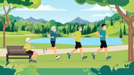 Seniors and adults jogging in a park while wearing masks
