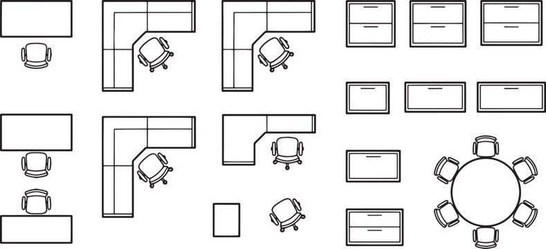 A top-down view of modern office furniture arrangements, showcasing desks, chairs, storage units, and conference tables in a clean, minimalist design.