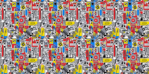 Fototapeta premium Dynamic repeating abstract pattern, comic style, bold lines, bright colors, chaotic design, apparel, packaging, creative cards