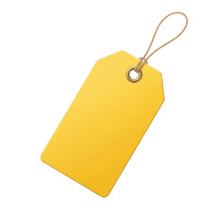 A yellow tag with a string attached to it, hanging freely on a white background. isolated on transparent background
