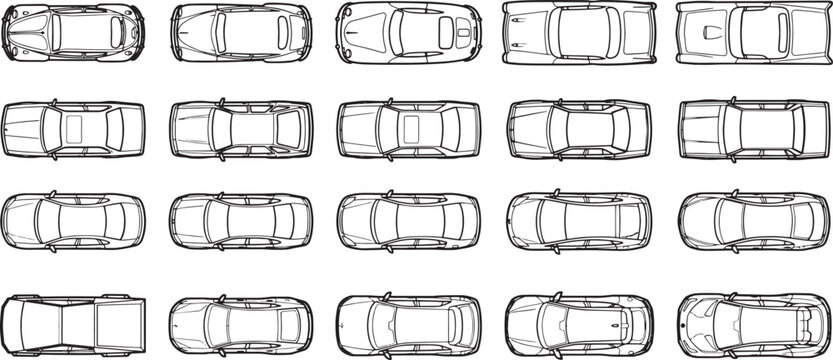 A fleet of various car models line up in a sleek, streamlined top view, ideal for automotive design, transportation concepts, or illustrating urban traffic patterns.