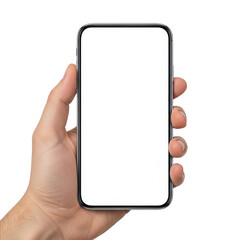 A hand holding a smartphone with a blank white screen against a white background. isolated on transparent background