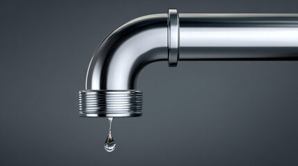 Modern metal pipe with water leaking from the joint, symbolizing plumbing problems, water damage risk, maintenance issues, and infrastructure failure.