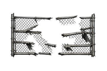 Broken chain link fence gate showing damage and destruction, industrial security barrier on transparent background