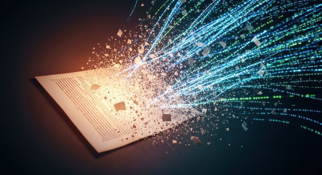 Digital Document Transformation. Paper exploding into glowing binary data streams, representing fast and secure cloud conversion technology.