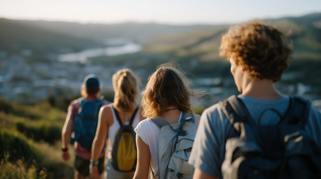 A group of friends hiking towards a scenic viewpoint to mark a personal milestone, surrounded by nature's beauty and a sense of adventure that encapsulates their journey together. cinematic color