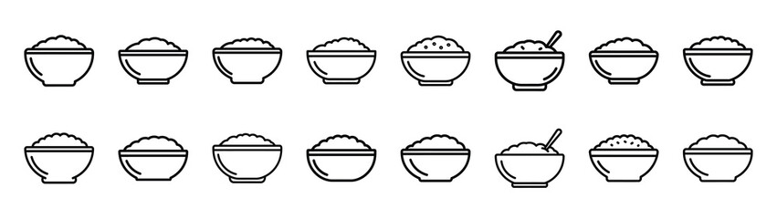 Collection of oatmeal bowl different kitchen outlines silhouette icon set.