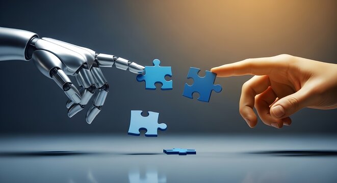 Manos humanas y rob&oacute;ticas conectando piezas de rompecabezas que simbolizan la colaboraci&oacute;n y la inteligencia artificial.