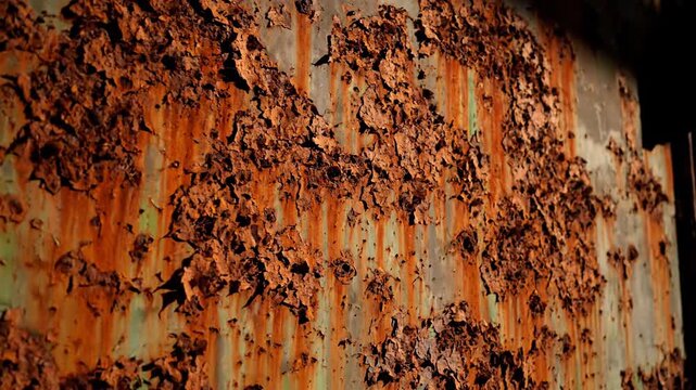 Close-up of rusty metal with peeling paint, showing texture and decay. Old surface and corrosion on a metal panel.